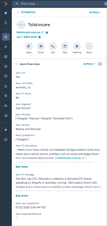 HubSpot record showing custom Axon properties